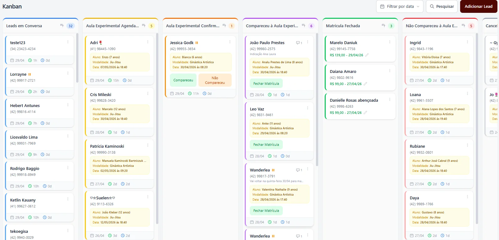 Kanban dos leads no CRM